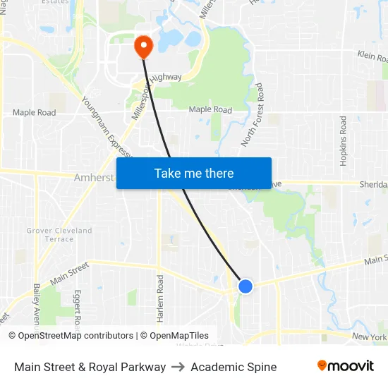Main Street & Royal Parkway to Academic Spine map