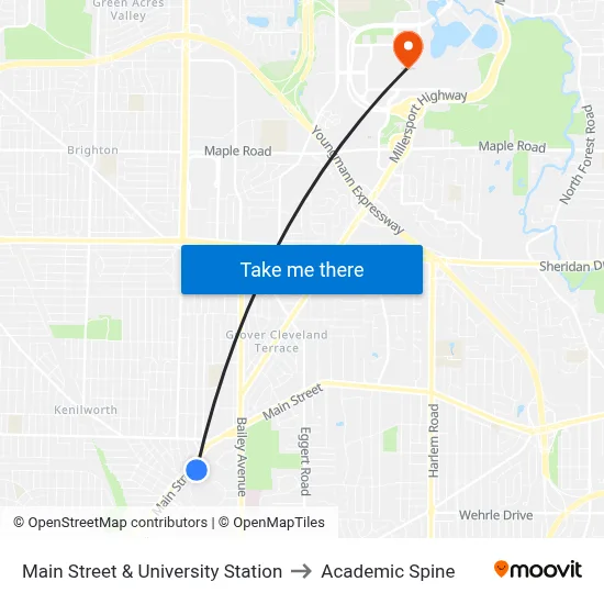 Main Street & University Station to Academic Spine map