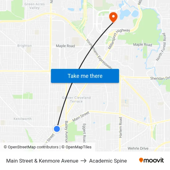 Main Street & Kenmore Avenue to Academic Spine map