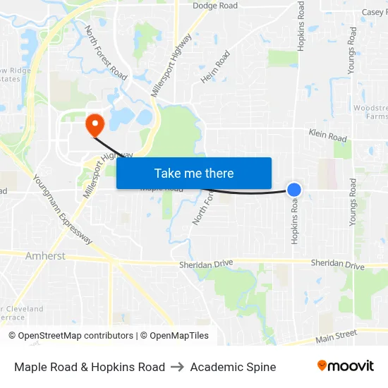 Maple Road & Hopkins Road to Academic Spine map