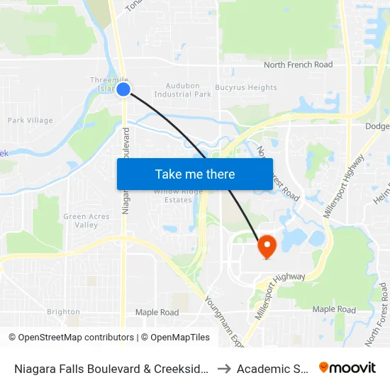 Niagara Falls Boulevard & Creekside Drive to Academic Spine map