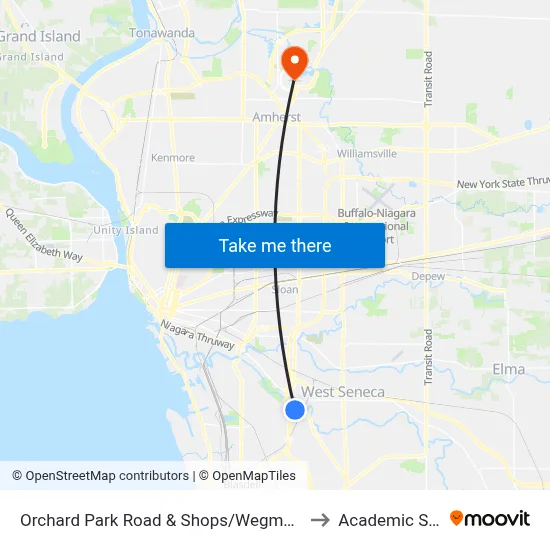 Orchard Park Road & Shops/Wegmans Drive to Academic Spine map