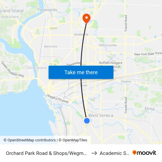 Orchard Park Road & Shops/Wegmans Drive to Academic Spine map