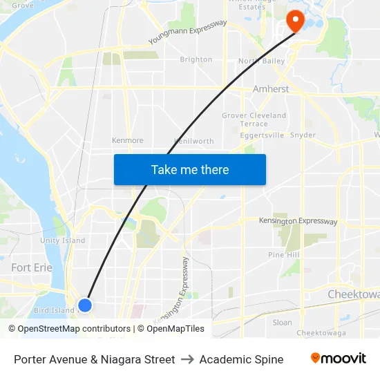 Porter Avenue & Niagara Street to Academic Spine map
