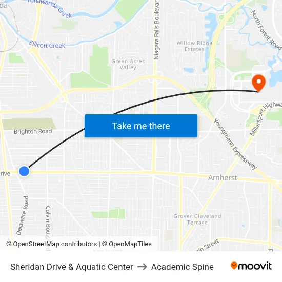 Sheridan Drive & Aquatic Center to Academic Spine map
