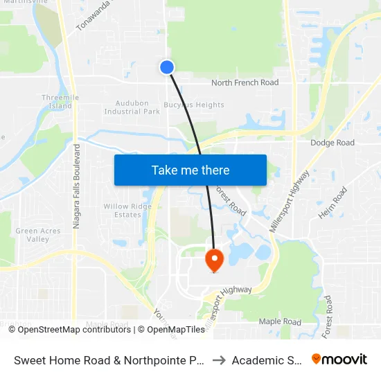 Sweet Home Road & Northpointe Parkway to Academic Spine map