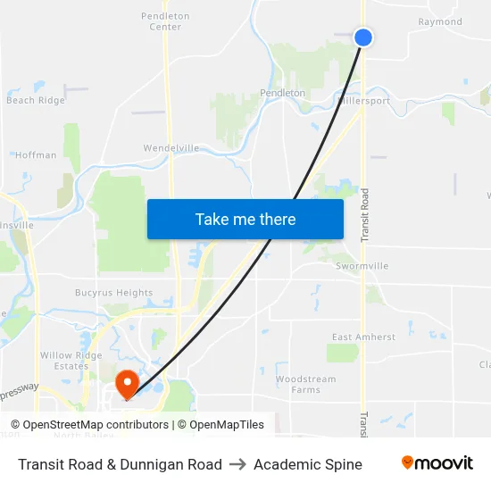 Transit Road & Dunnigan Road to Academic Spine map