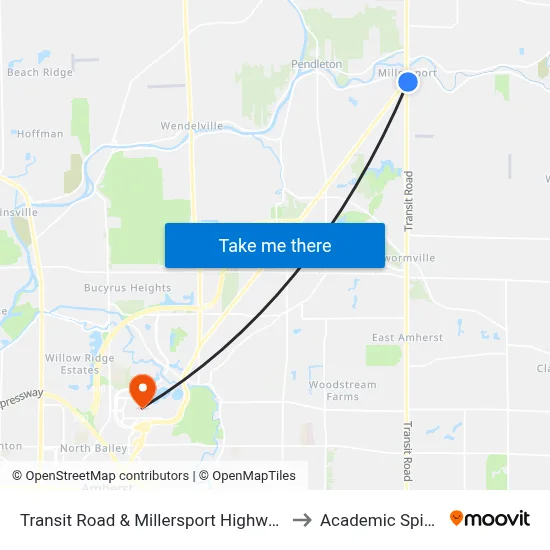 Transit Road & Millersport Highway to Academic Spine map