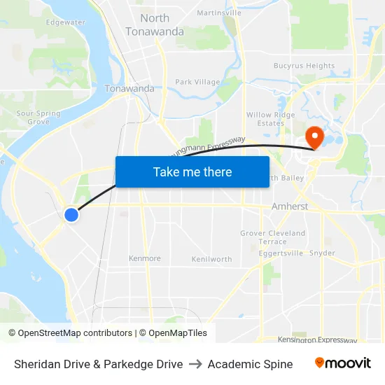 Sheridan Drive & Parkedge Drive to Academic Spine map