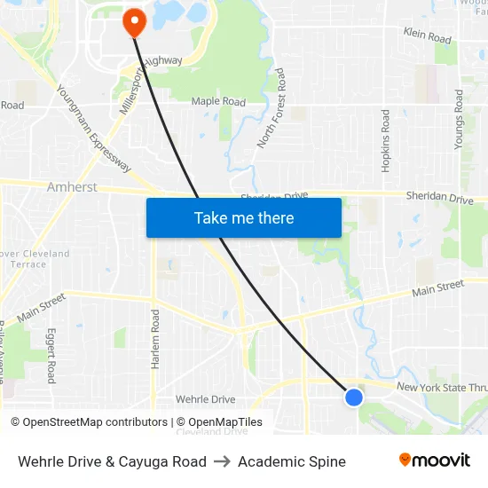 Wehrle Drive & Cayuga Road to Academic Spine map
