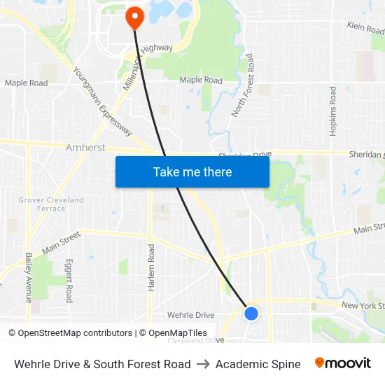 Wehrle Drive & South Forest Road to Academic Spine map