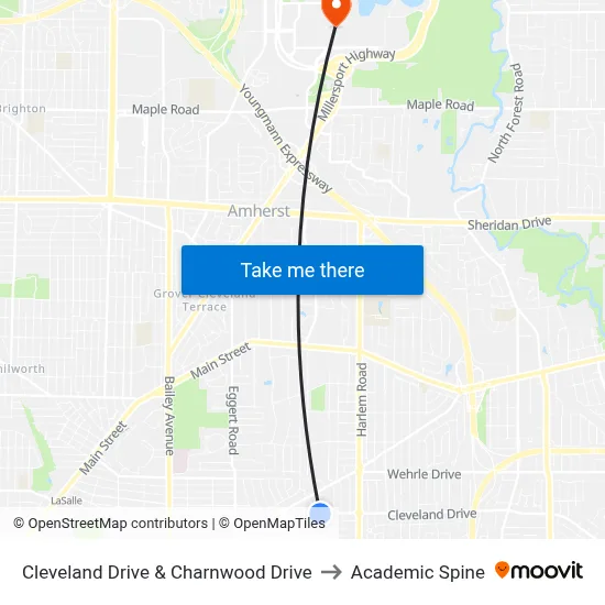 Cleveland Drive & Charnwood Drive to Academic Spine map