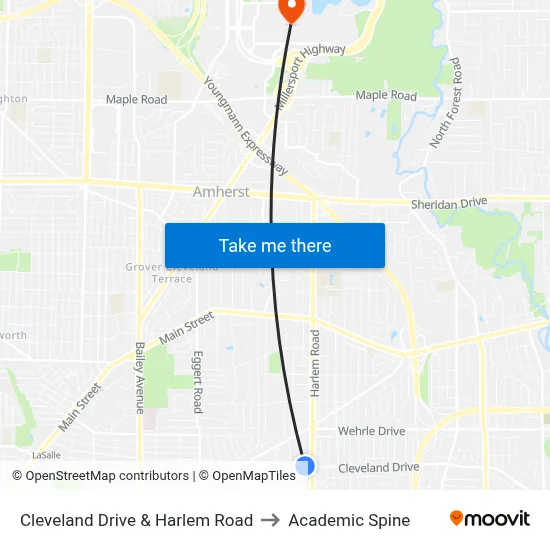 Cleveland Drive & Harlem Road to Academic Spine map