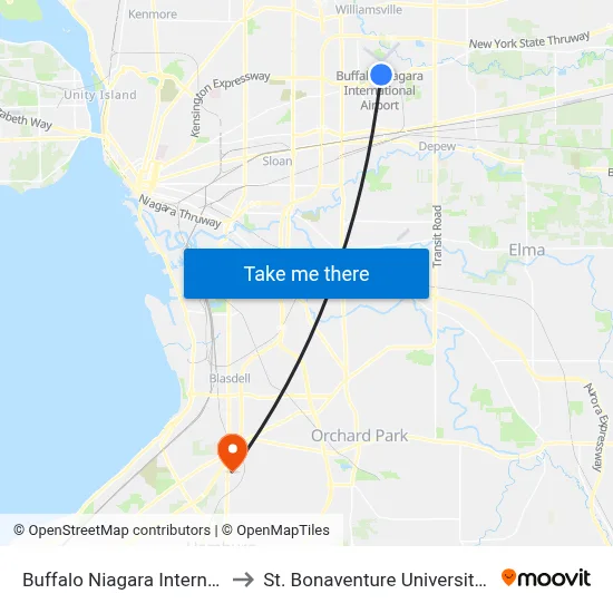 Buffalo Niagara International Airport to St. Bonaventure University Buffalo Center map