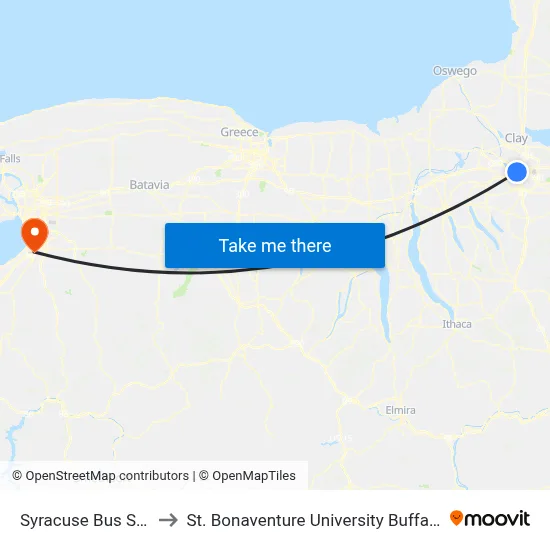 Syracuse Bus Station to St. Bonaventure University Buffalo Center map