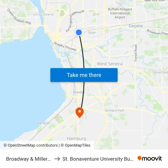 Broadway & Miller Avenue to St. Bonaventure University Buffalo Center map