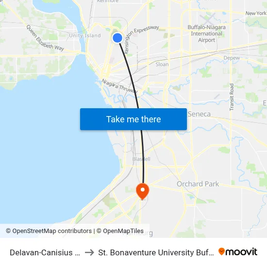 Delavan-Canisius College to St. Bonaventure University Buffalo Center map