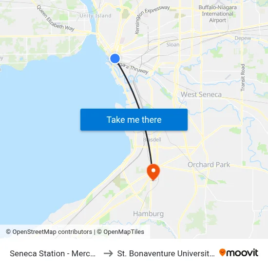 Seneca Station - Merchants Insurance to St. Bonaventure University Buffalo Center map