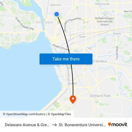 Delaware Avenue & Great Arrow Avenue to St. Bonaventure University Buffalo Center map