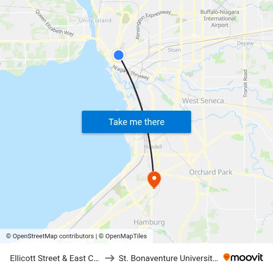 Ellicott Street & East Chippewa Street to St. Bonaventure University Buffalo Center map