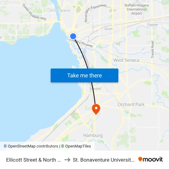 Ellicott Street & North Division Street to St. Bonaventure University Buffalo Center map
