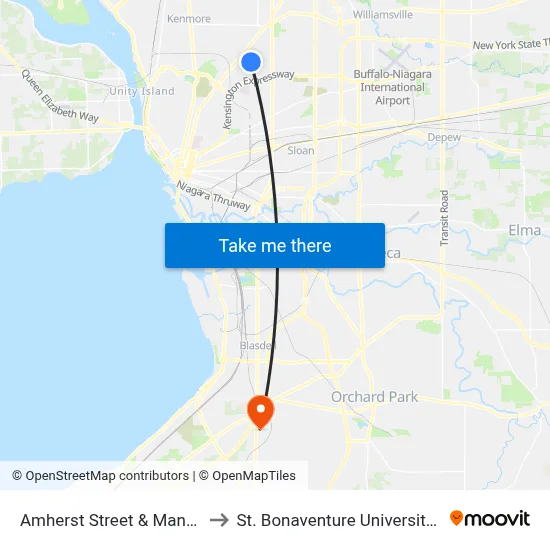 Amherst Street & Manhattan Avenue to St. Bonaventure University Buffalo Center map