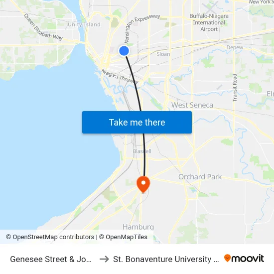Genesee Street & Johnson Street to St. Bonaventure University Buffalo Center map