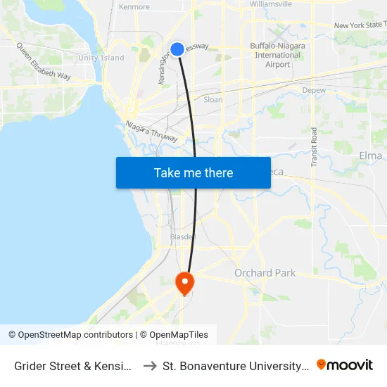 Grider Street & Kensington Avenue to St. Bonaventure University Buffalo Center map