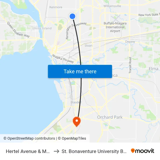 Hertel Avenue & Main Street to St. Bonaventure University Buffalo Center map