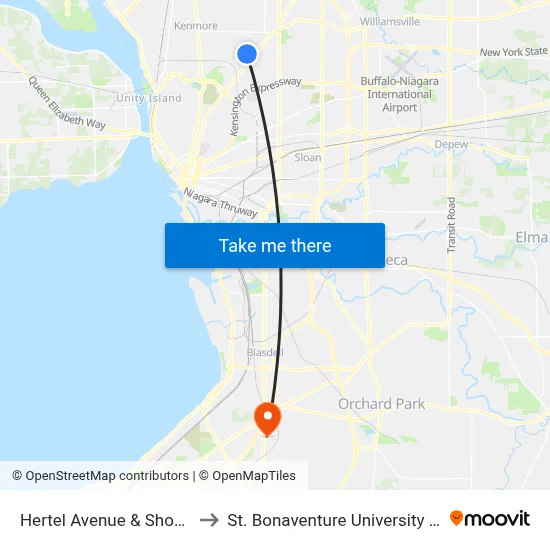 Hertel Avenue & Shoshone Street to St. Bonaventure University Buffalo Center map
