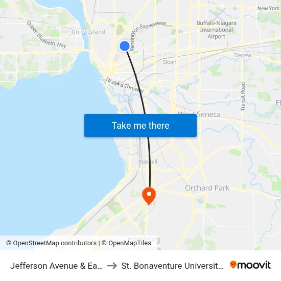 Jefferson Avenue & East Utica Street to St. Bonaventure University Buffalo Center map