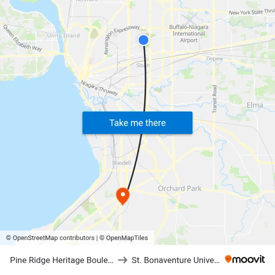 Pine Ridge Heritage Boulevard & Genesee Street to St. Bonaventure University Buffalo Center map