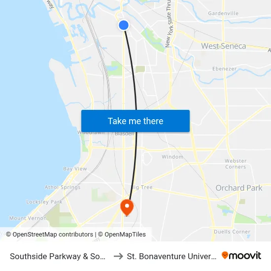 Southside Parkway & South Park High School to St. Bonaventure University Buffalo Center map