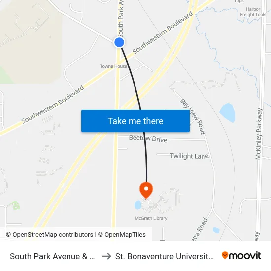 South Park Avenue & Bayview Road to St. Bonaventure University Buffalo Center map