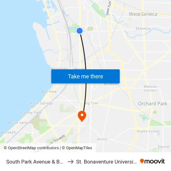 South Park Avenue & Botanical Gardens to St. Bonaventure University Buffalo Center map