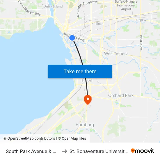 South Park Avenue & Hamburg Street to St. Bonaventure University Buffalo Center map