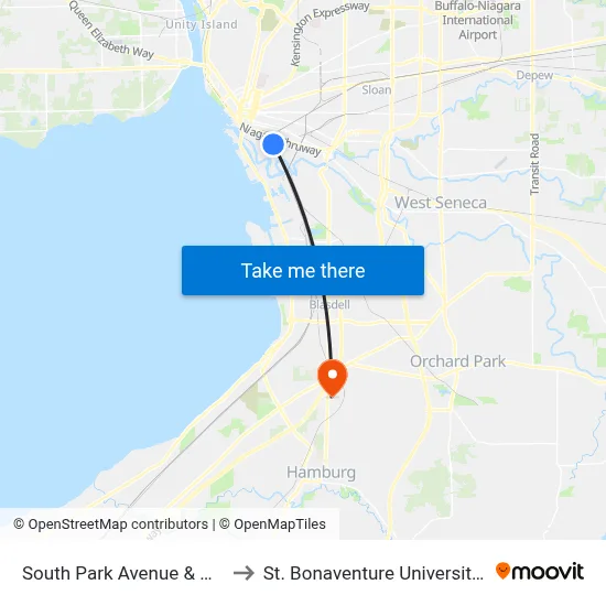 South Park Avenue & Hamburg Street to St. Bonaventure University Buffalo Center map