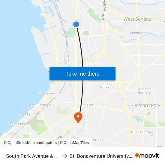 South Park Avenue & Marilla Street to St. Bonaventure University Buffalo Center map