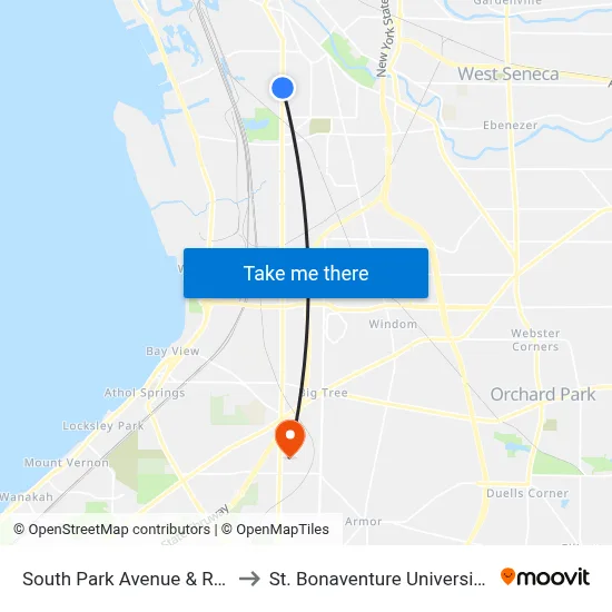South Park Avenue & Ridgewood Road to St. Bonaventure University Buffalo Center map