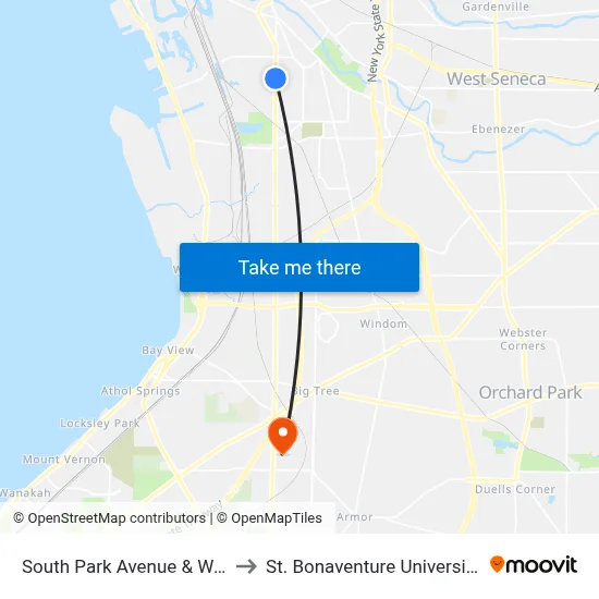 South Park Avenue & Woodside Avenue to St. Bonaventure University Buffalo Center map