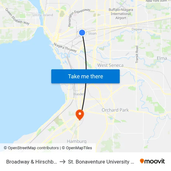 Broadway & Hirschbeck Street to St. Bonaventure University Buffalo Center map