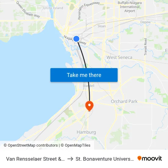 Van Rensselaer Street & Exchange Street to St. Bonaventure University Buffalo Center map