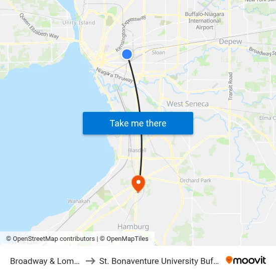 Broadway & Lombard St to St. Bonaventure University Buffalo Center map