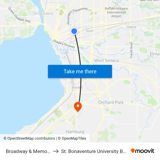 Broadway & Memorial Drive to St. Bonaventure University Buffalo Center map