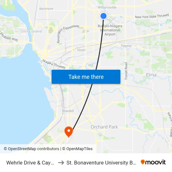 Wehrle Drive & Cayuga Road to St. Bonaventure University Buffalo Center map