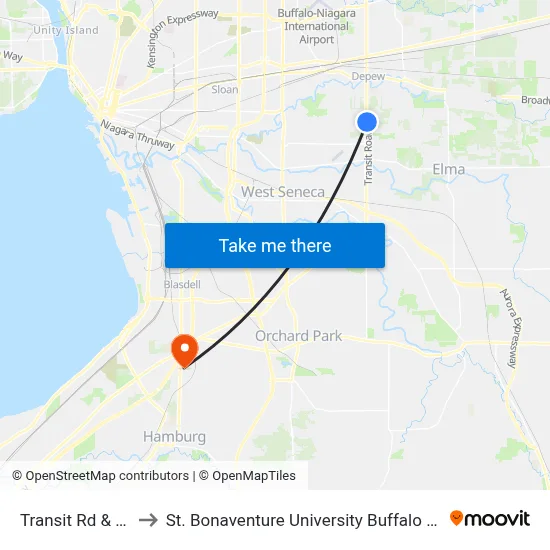 Transit Rd & Aldi to St. Bonaventure University Buffalo Center map
