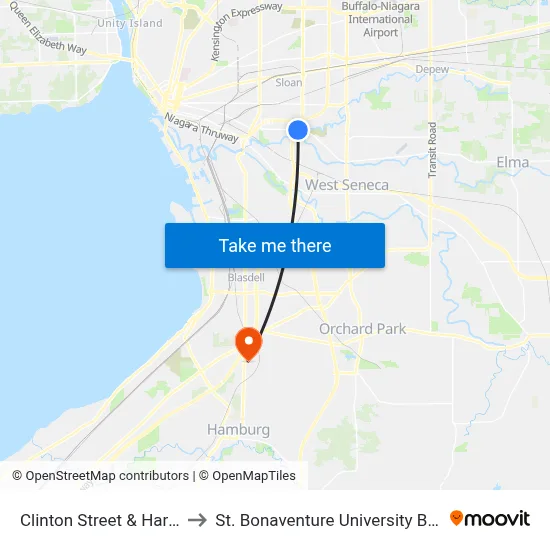 Clinton Street & Harlem Road to St. Bonaventure University Buffalo Center map