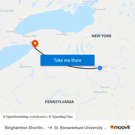 Binghamton Shortline Terminal to St. Bonaventure University Buffalo Center map