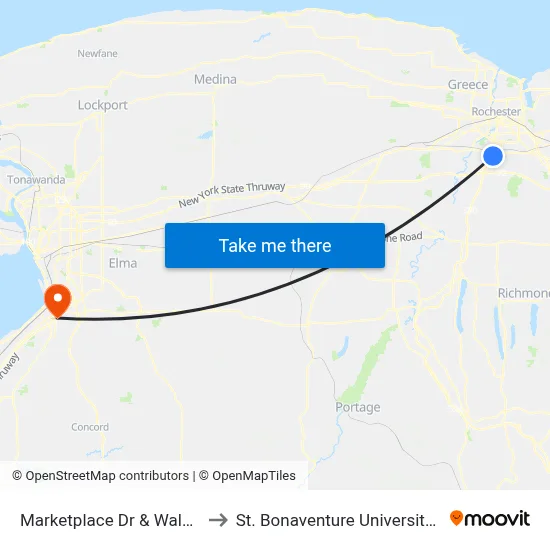 Marketplace Dr & Walmart Henrietta to St. Bonaventure University Buffalo Center map