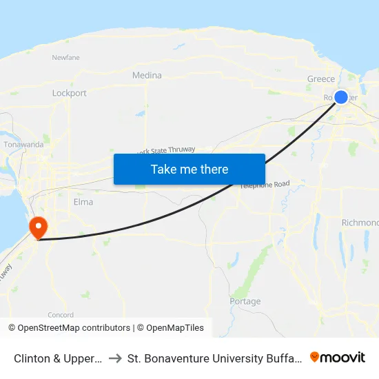 Clinton & Upper Falls to St. Bonaventure University Buffalo Center map